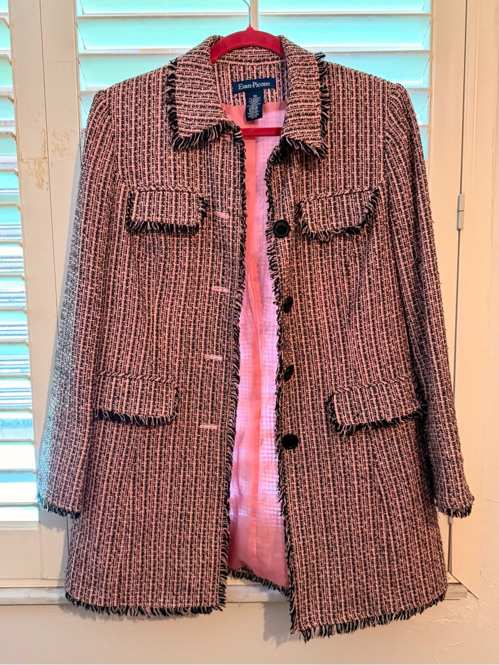 Evan Picone Pink & Black Tweed Fringe Blazer Size 10